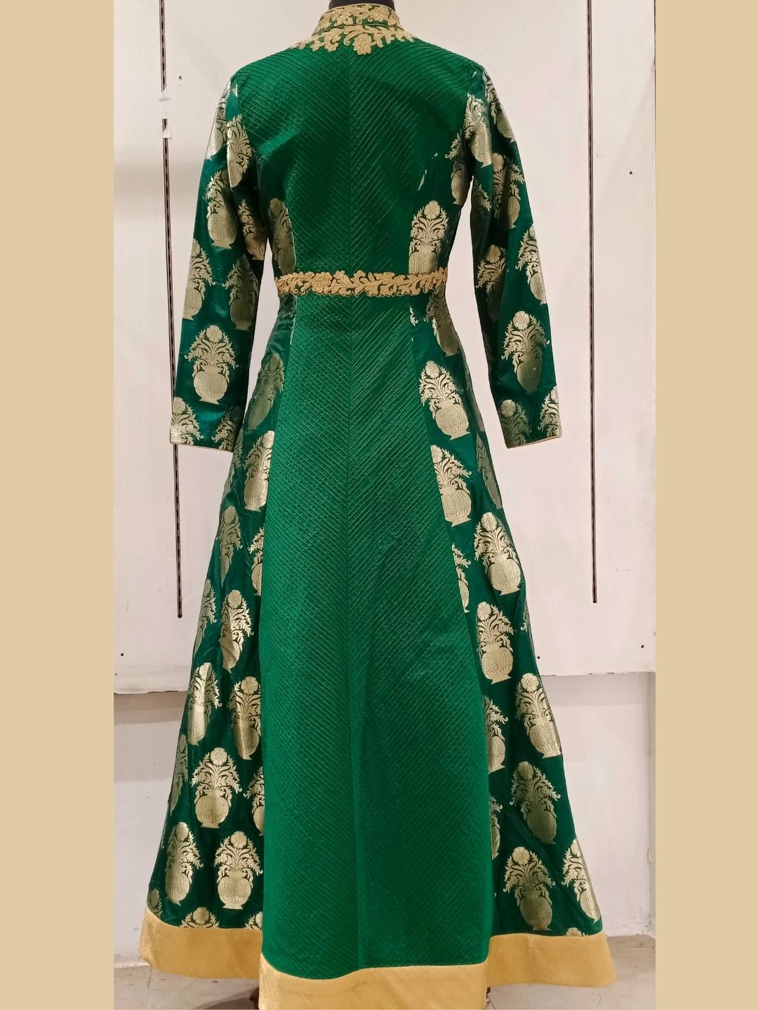 Bright Green Banarasi Woven & Pintex Embellished Long Gown Dress