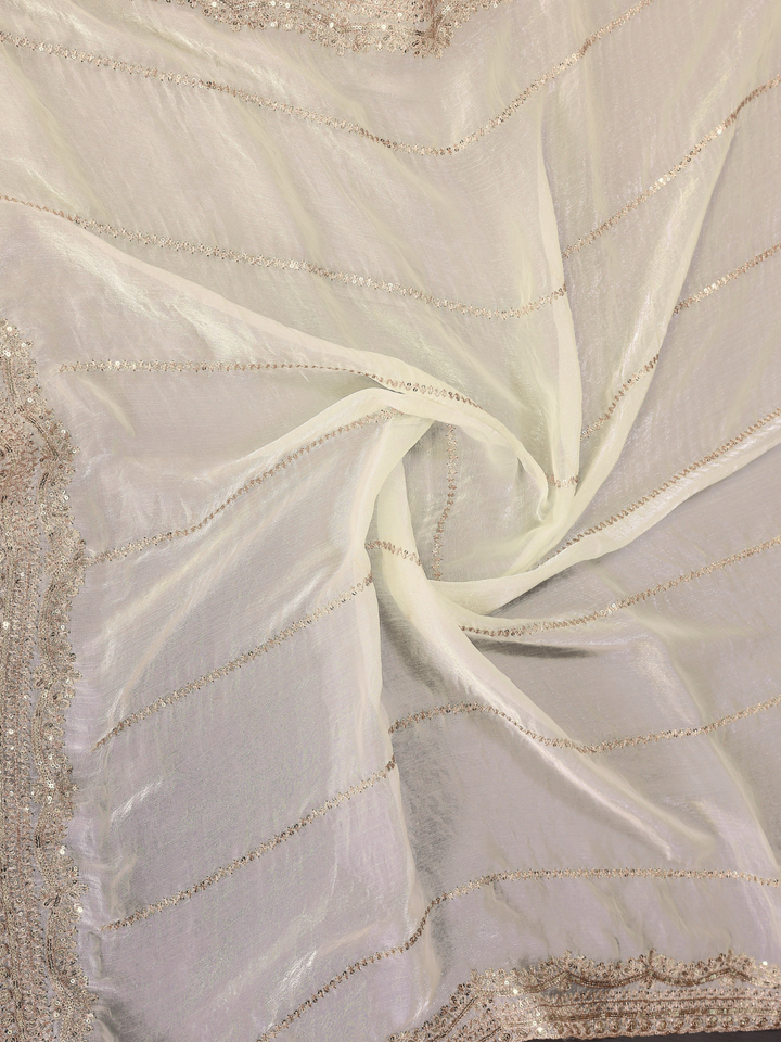 White Zari Striped Gota Patti Border Saree with Booti Blouse
