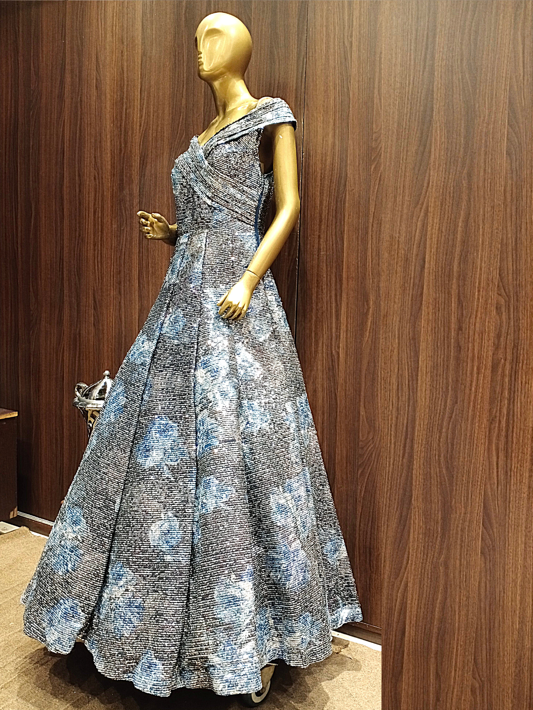 Grey Blue Digital Print Flared Lycra Gown with Floral Embroidery