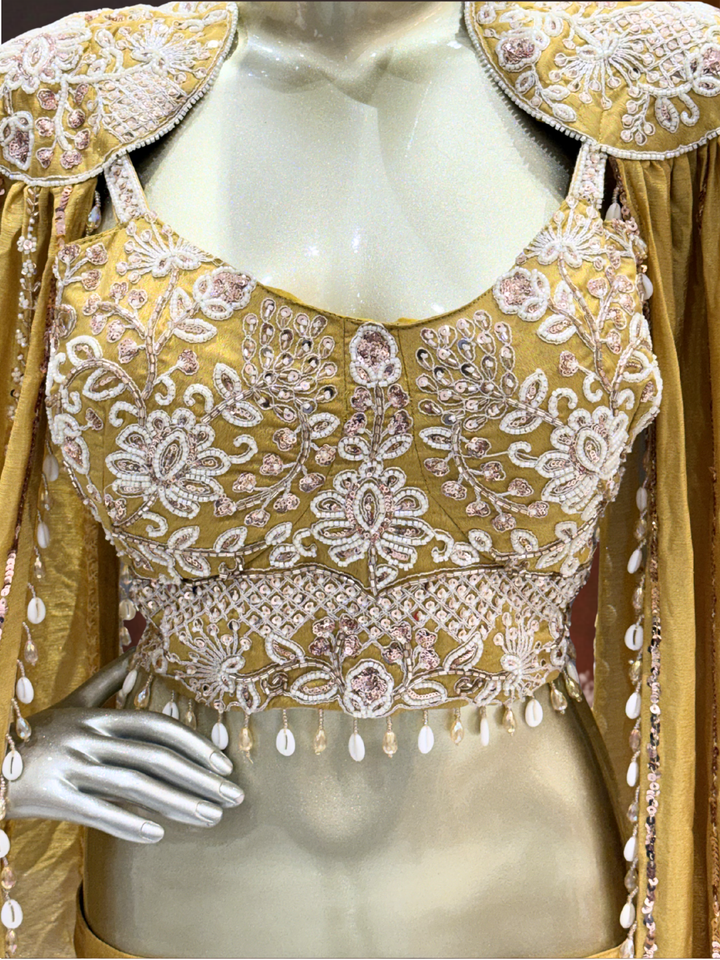 Silk Sequin & Mirror Embroidered Cape Blouse with Palazzo Set in Mustard