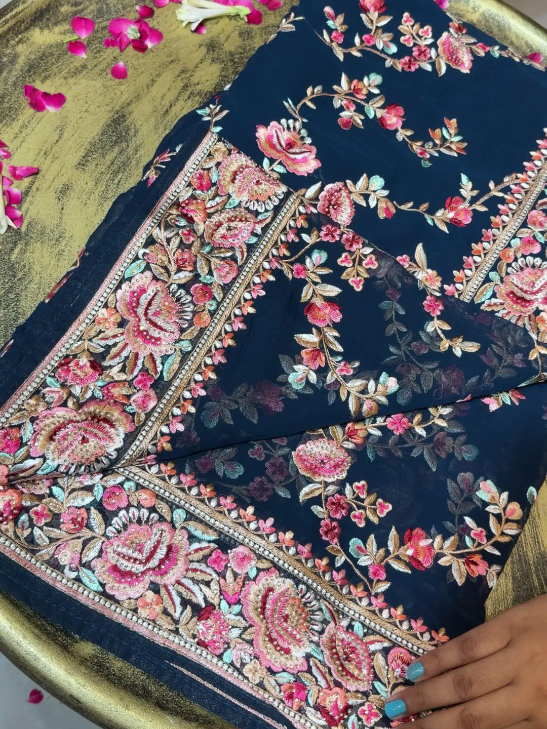 Floral Embroidered Georgette Saree in Navy Blue