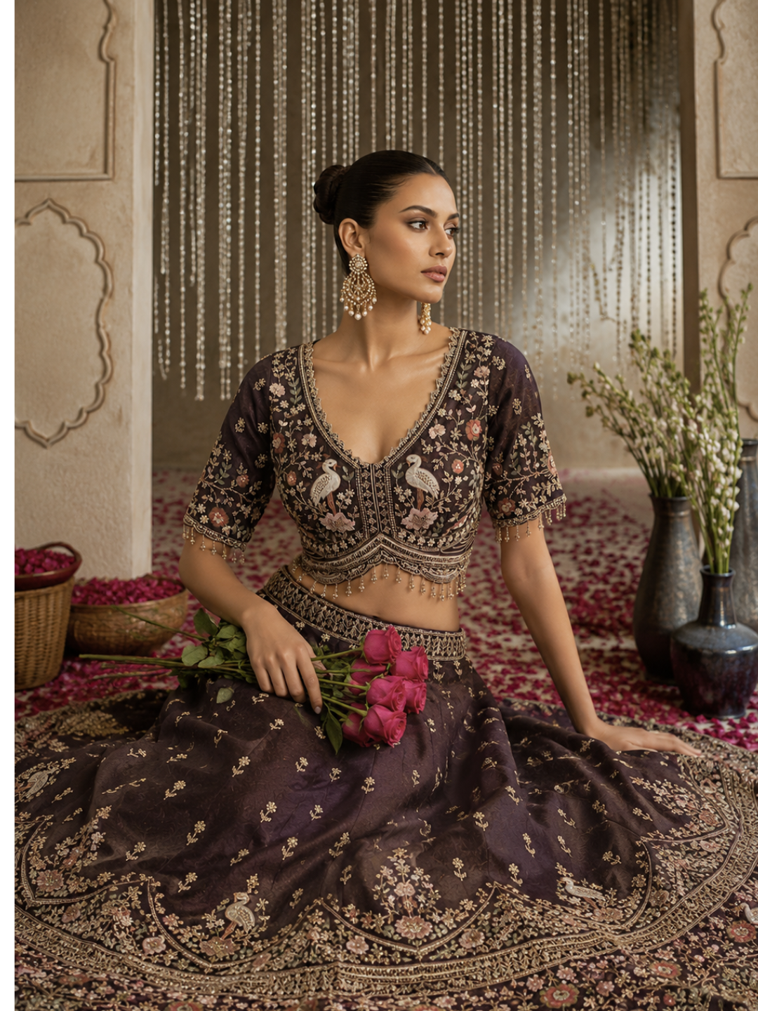 Silk Lehenga Choli with Zari & Resham Floral Embroidery, Crane Motif Blouse & Pearl Tassel Hem with Dupatta