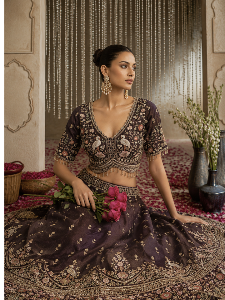 Silk Lehenga Choli with Zari & Resham Floral Embroidery, Crane Motif Blouse & Pearl Tassel Hem with Dupatta