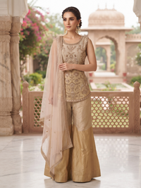 Sleeveless Embellished Kurta with Colour-Block Palazzo Set in Beige