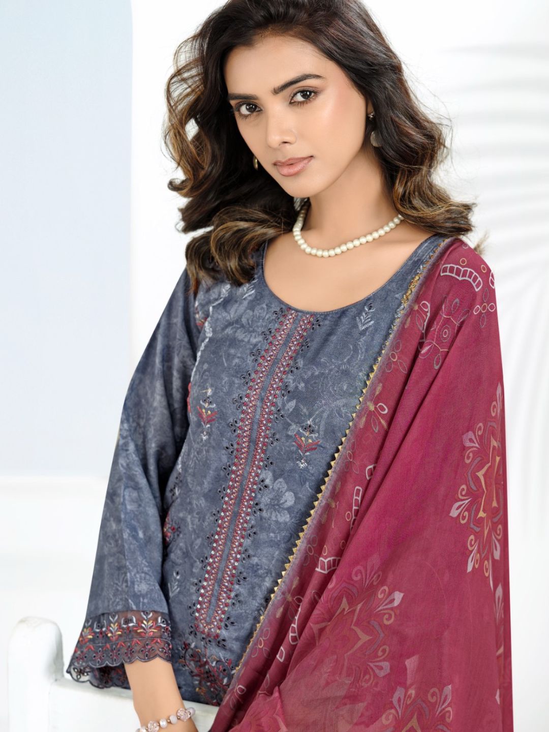 Cotton Printed & Embroidered Unstitched Suit Dupatta in Steel Blue & Magenta