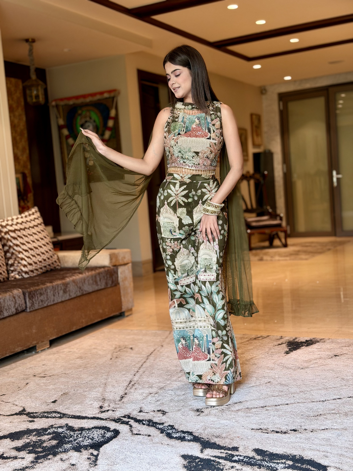 Silk Pichwai Printed & Embellished Co-ord Set with Dupatta in Olive Green