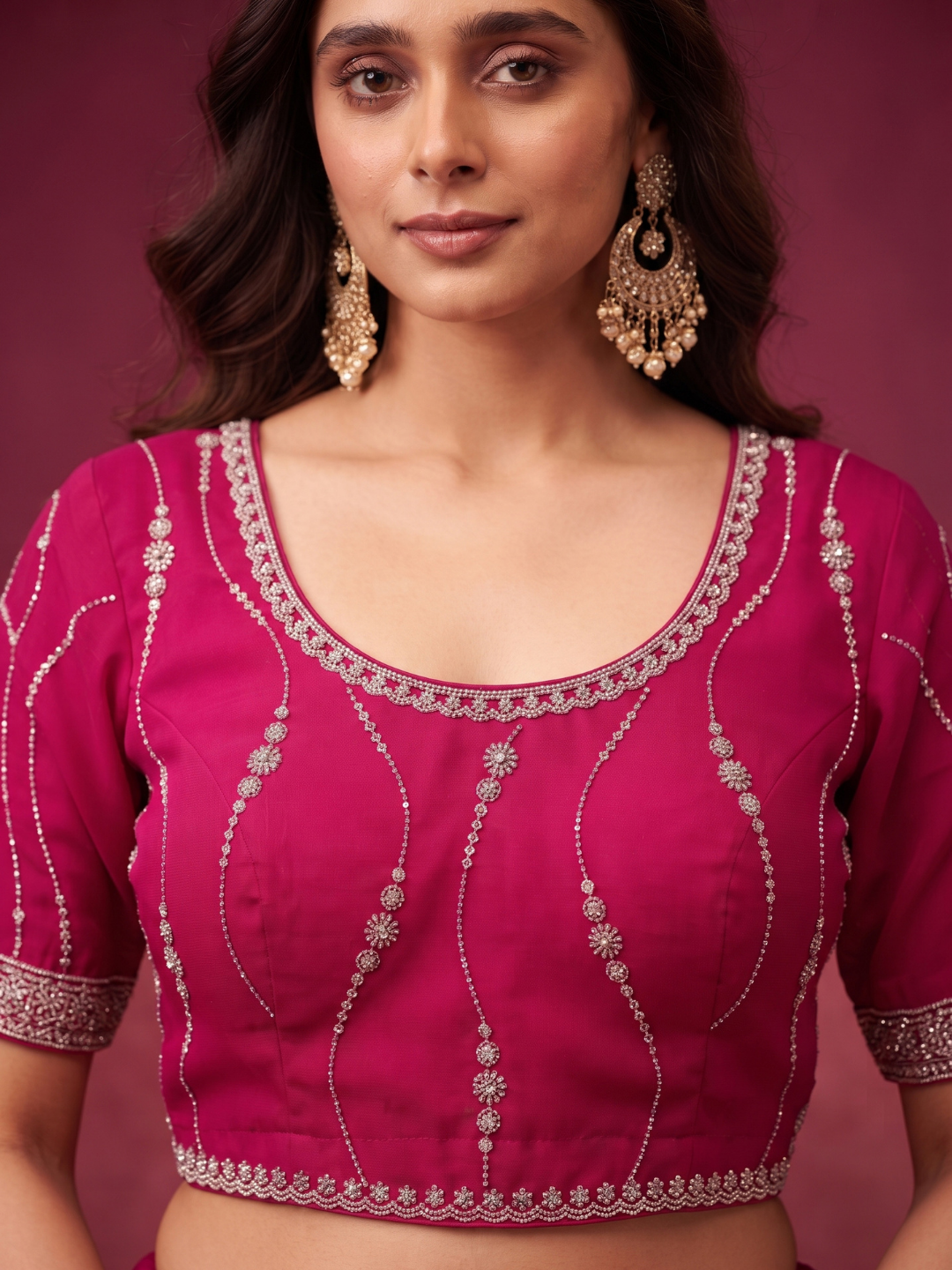 Georgette Saree with Silver Zari Ring Motifs Embroidery & Scalloped Lace Border