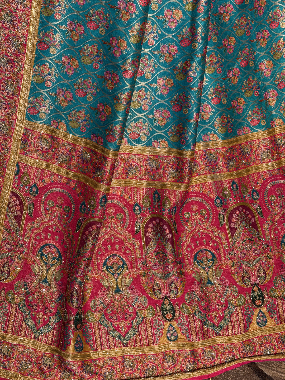 Teal Blue & Pink Banarasi Silk Saree with Meenakari Floral Jaal Weaving & Heavy Zari Paisley Border