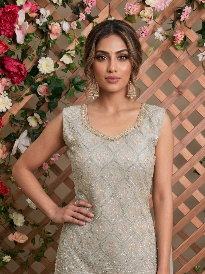 Sequinned Resham Embroidered Georgette Kurta with Sharara and Dupatta with Geometric Jaal Pattern