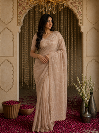 Organza Silk Thread & Sequin Floral Embroidered Saree with Blouse Piece in champagne