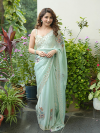 Organza Saree with Pastel Floral Embroidery, Stone Work & Scalloped Border
