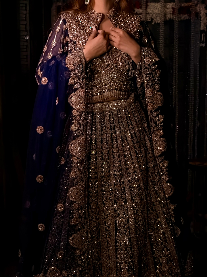 Stone Embellished Lehenga Choli Set in Navy Blue Gold