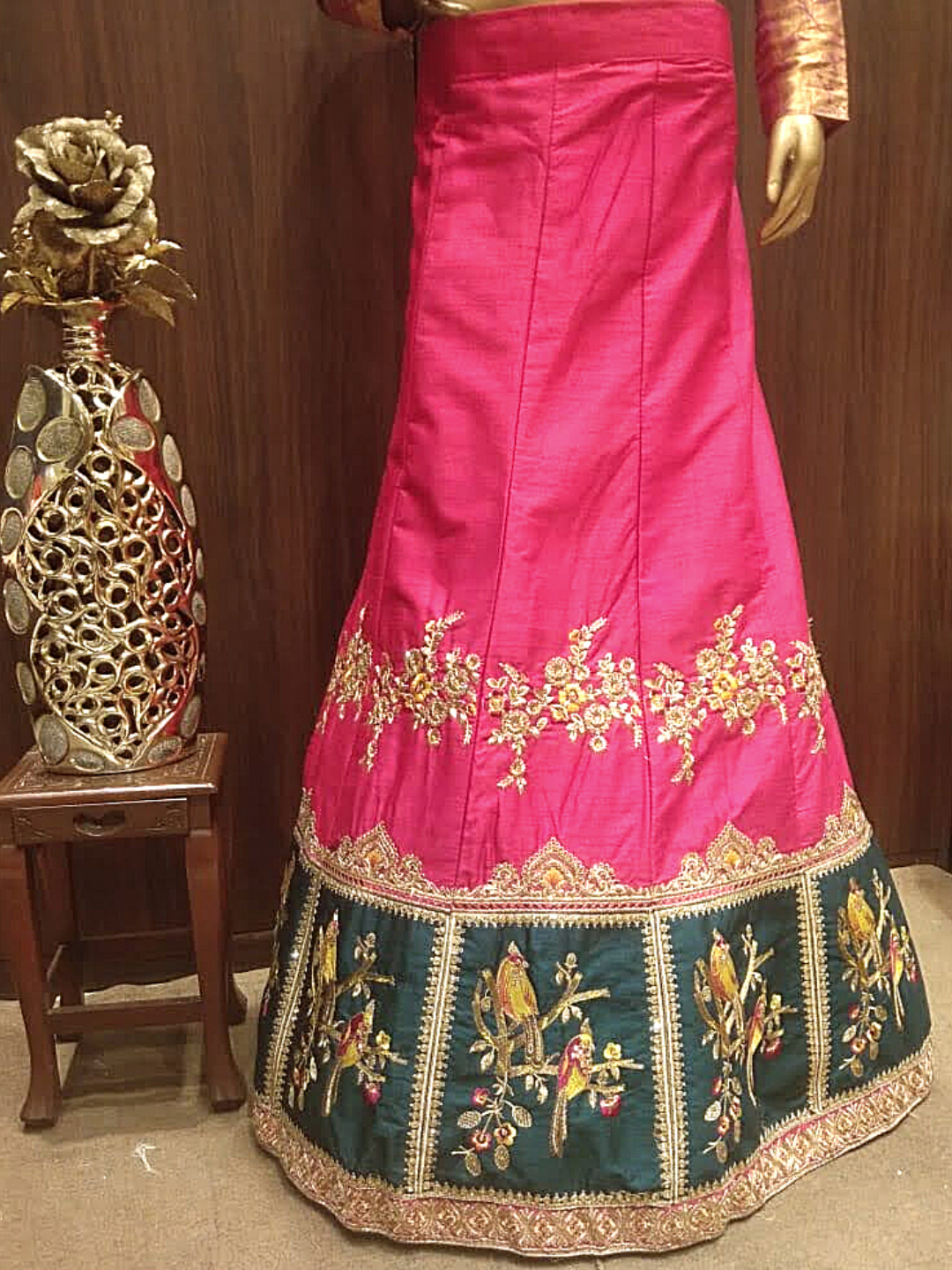 Fushcia Semi-Stitched Lehenga with Contrast Dupatta & Blouse With Placement  Embroidery