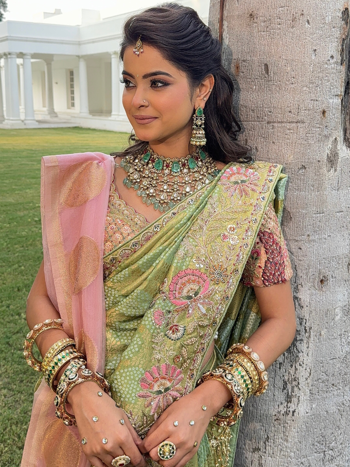 Zari & Sequin Embroidered Floral Jaal Saree with Embroidered Border in Pista Green
