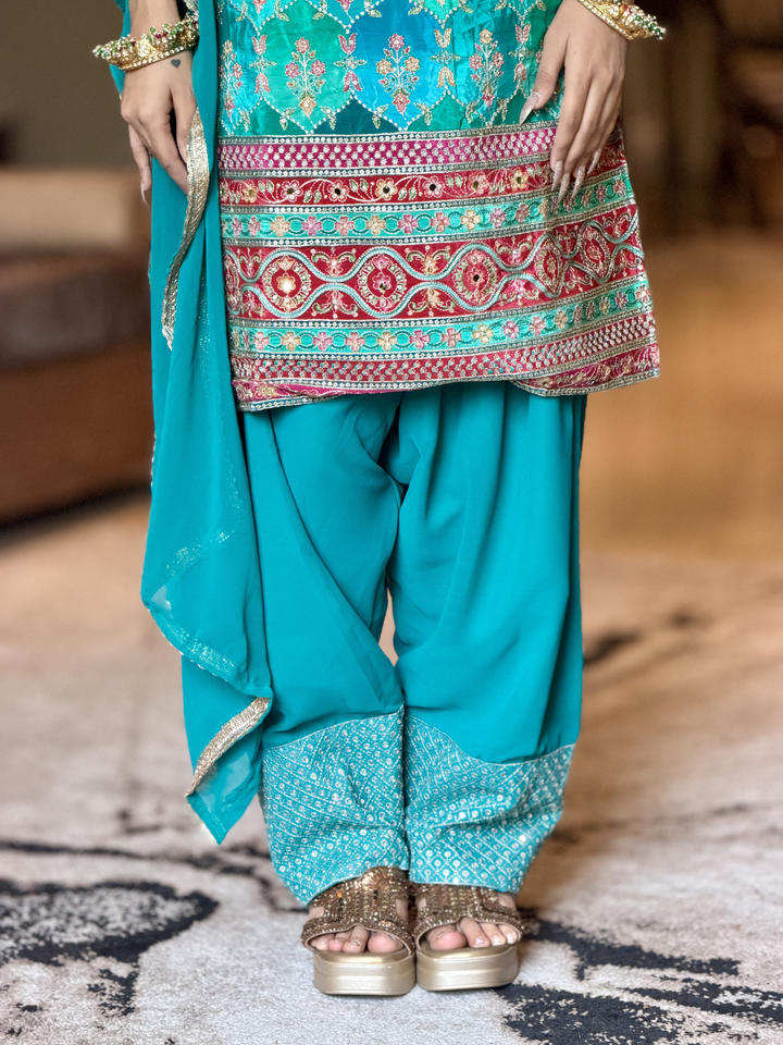 Crepe Heavy Sequin & Zari Embroidered Sleeveless Kurti with Georgette Salwar and Dupatta in Turquoise