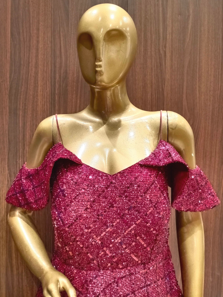 Maroon Flared Sequin Embellished Gown With Cold Shoulder Sleeves