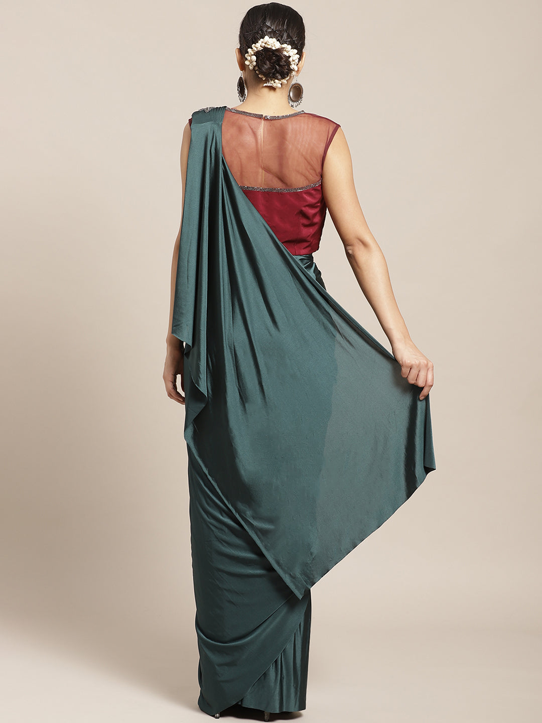 Ruffled Pre-stitched Saree with Emellished Brooch, Frills and Contrast Embossed Blouse