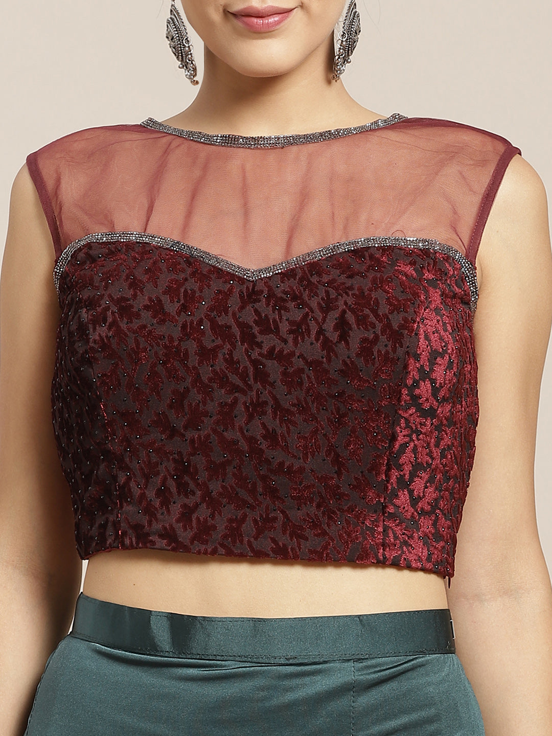 Ruffled Pre-stitched Saree with Emellished Brooch, Frills and Contrast Embossed Blouse