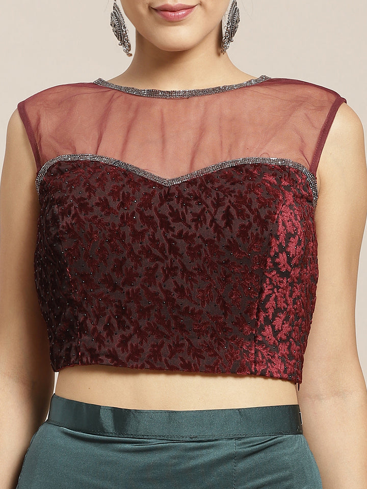 Ruffled Pre-stitched Saree with Emellished Brooch, Frills and Contrast Embossed Blouse