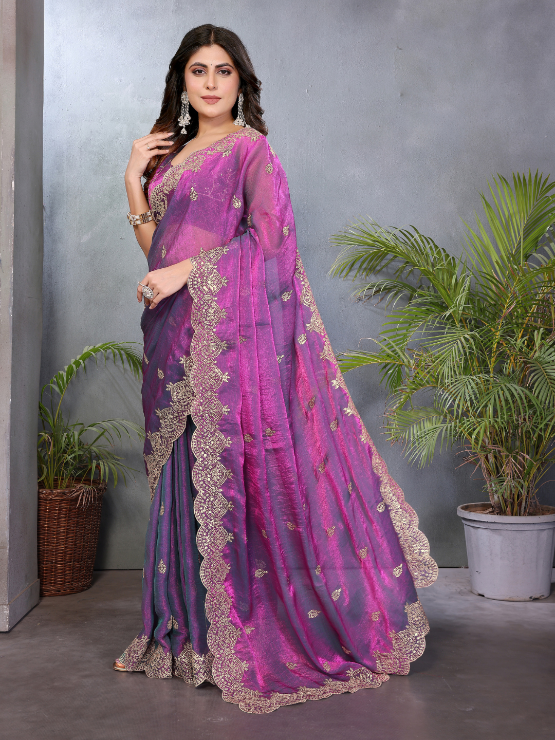 Embellished Saree with Heavy Scalloped Zari Border and Matching Embroidered Blouse
