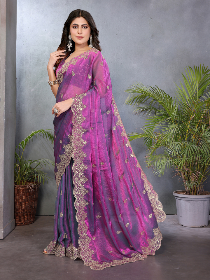 Embellished Saree with Heavy Scalloped Zari Border and Matching Embroidered Blouse