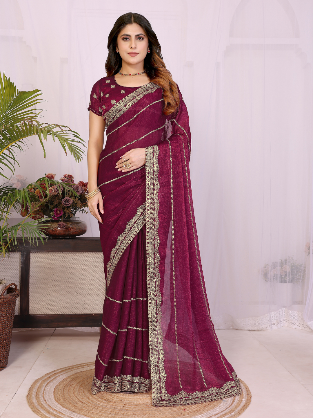Wine Zari Striped Gota Patti Border Saree with Booti Blouse
