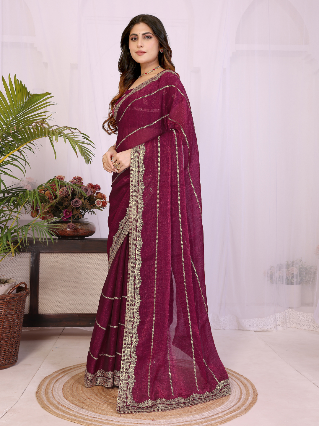 Wine Zari Striped Gota Patti Border Saree with Booti Blouse