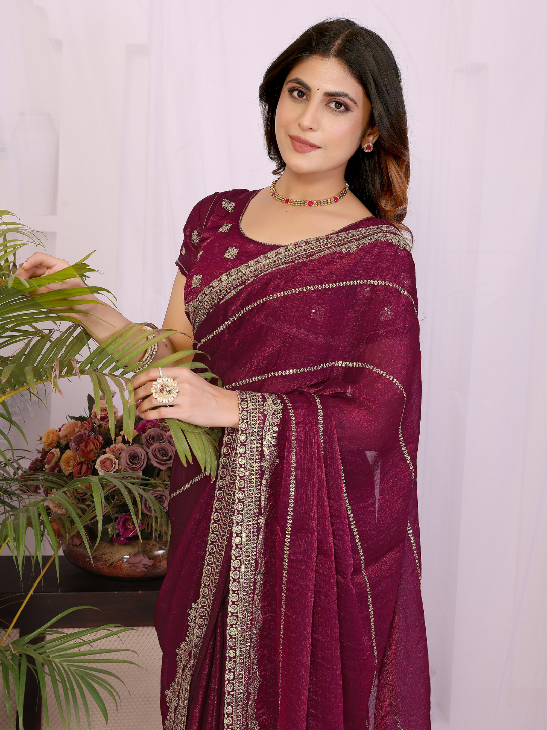 Wine Zari Striped Gota Patti Border Saree with Booti Blouse