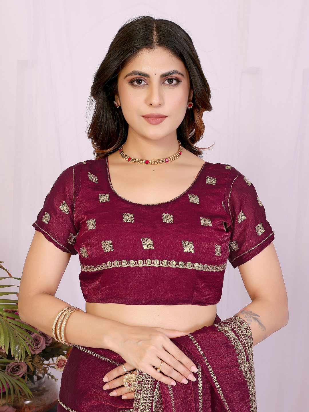 Wine Zari Striped Gota Patti Border Saree with Booti Blouse