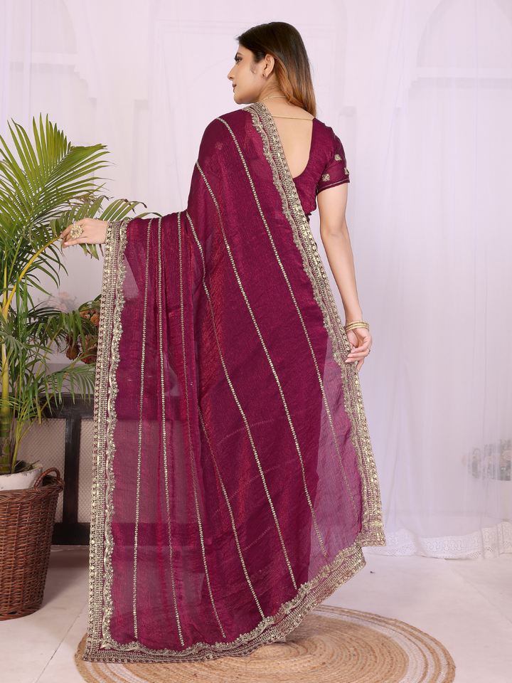 Wine Zari Striped Gota Patti Border Saree with Booti Blouse