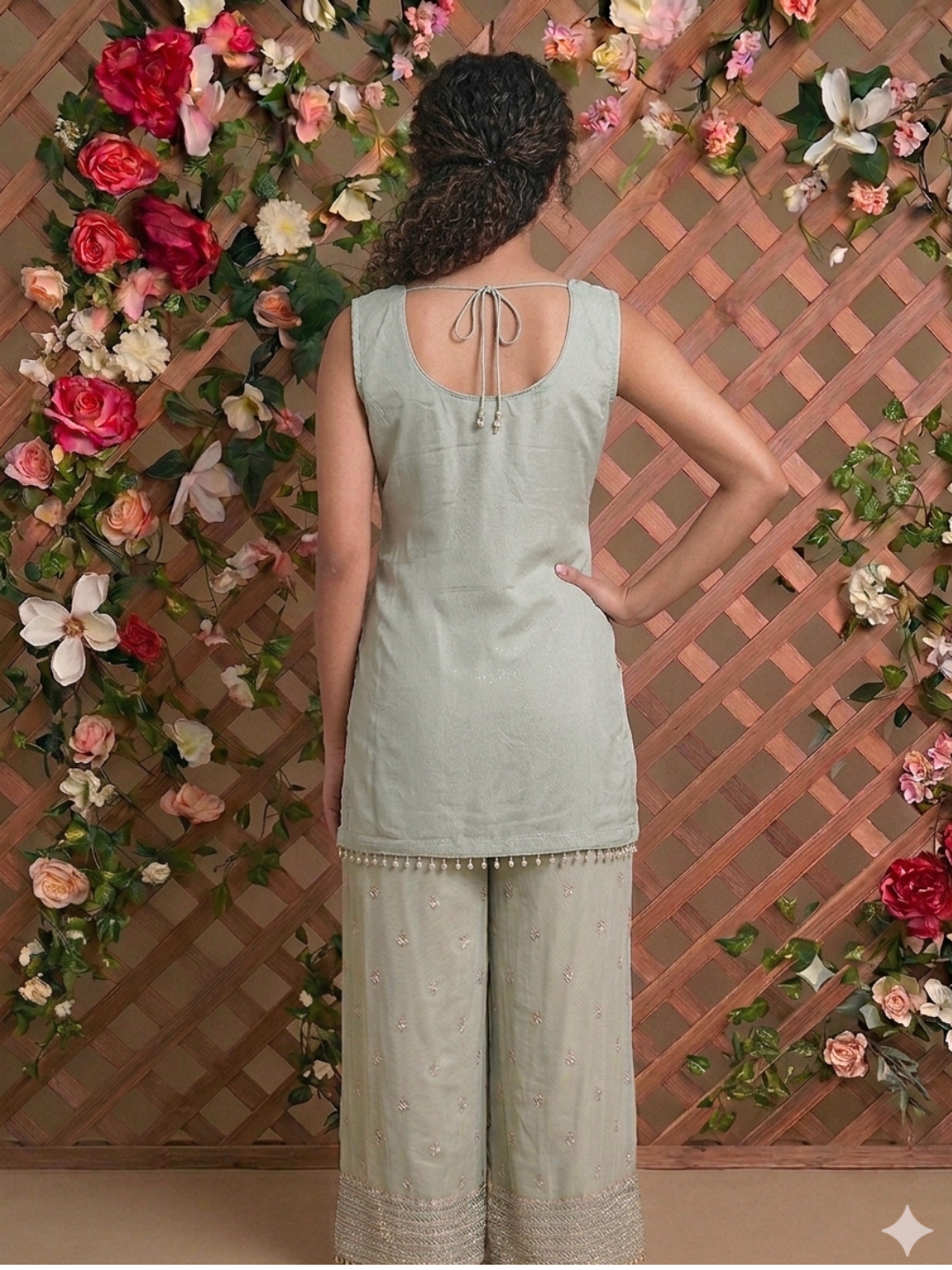 Sequinned Resham Embroidered Georgette Kurta with Sharara and Dupatta with Geometric Jaal Pattern