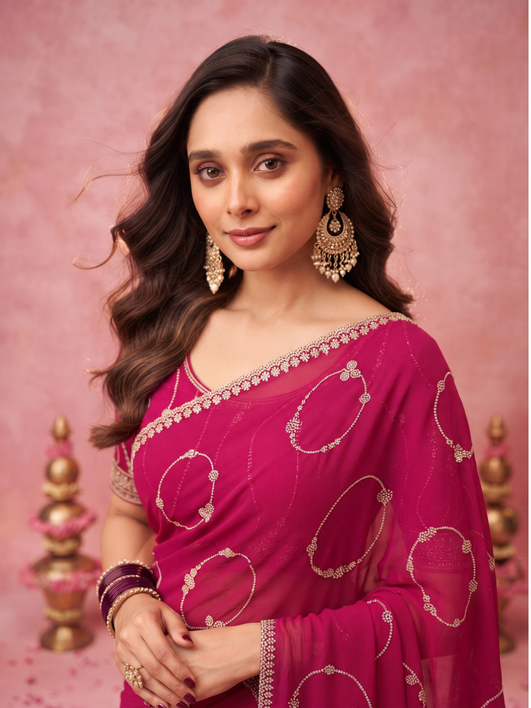 Georgette Saree with Silver Zari Ring Motifs Embroidery & Scalloped Lace Border