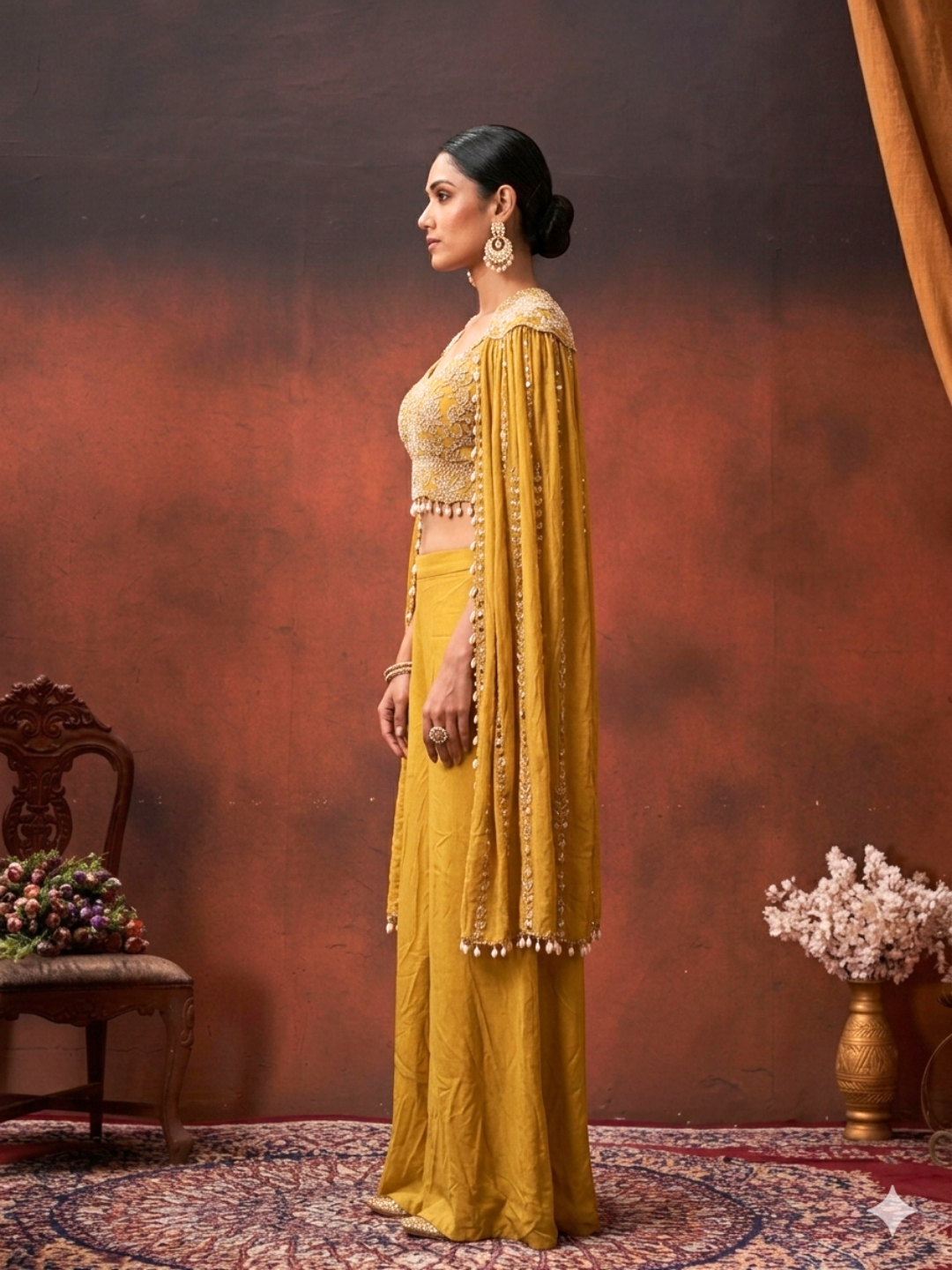Silk Sequin & Mirror Embroidered Cape Blouse with Palazzo Set in Mustard