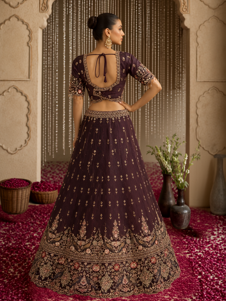 Silk Lehenga Choli with Zari & Resham Floral Embroidery, Crane Motif Blouse & Pearl Tassel Hem with Dupatta