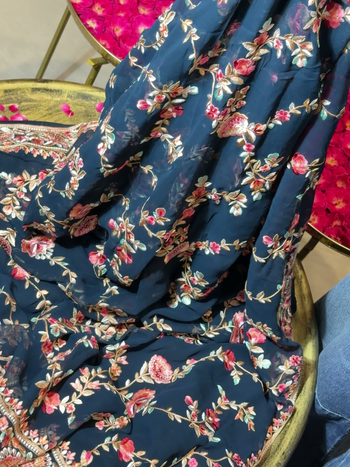 Floral Embroidered Georgette Saree in Navy Blue