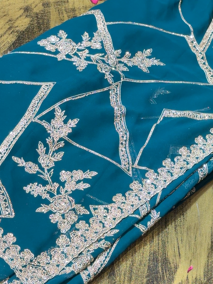 Georgette Heavy Zari & Stone Embroidered Floral & Geometric Saree with Embroidered Border