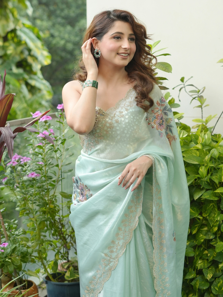Organza Saree with Pastel Floral Embroidery, Stone Work & Scalloped Border