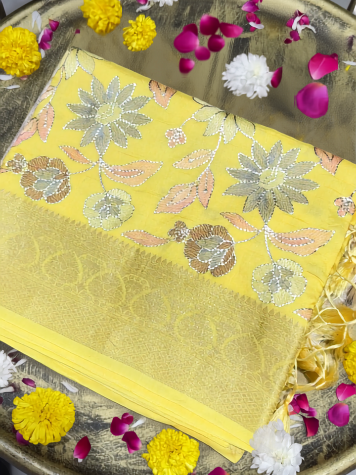 Banarasi Silk Saree with Floral Embroidery and Zari Woven Border