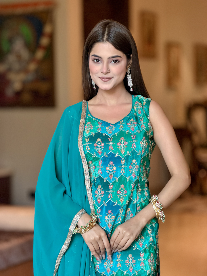 Crepe Heavy Sequin & Zari Embroidered Sleeveless Kurti with Georgette Salwar and Dupatta in Turquoise