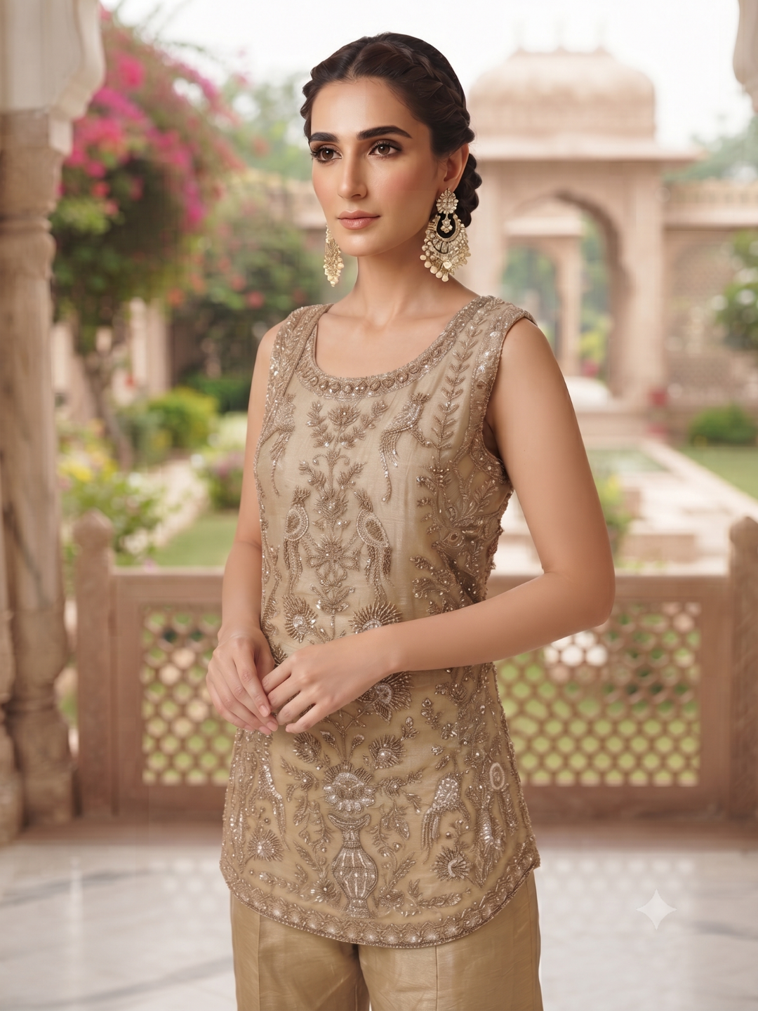 Sleeveless Embellished Kurta with Colour-Block Palazzo Set in Beige