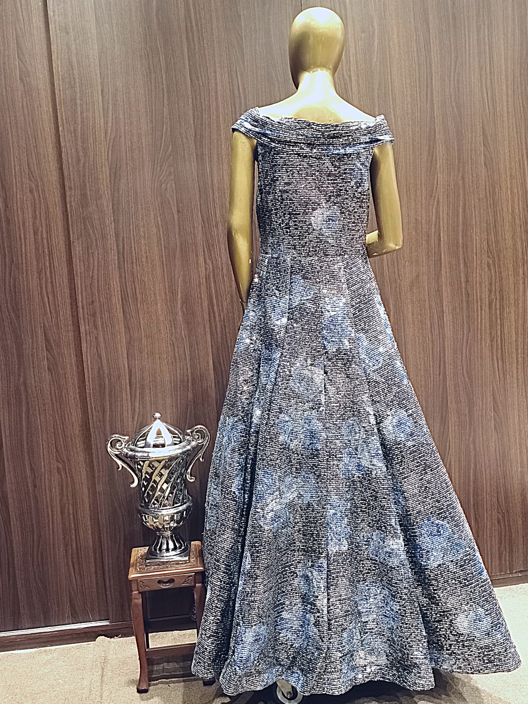 Grey Blue Digital Print Flared Lycra Gown with Floral Embroidery