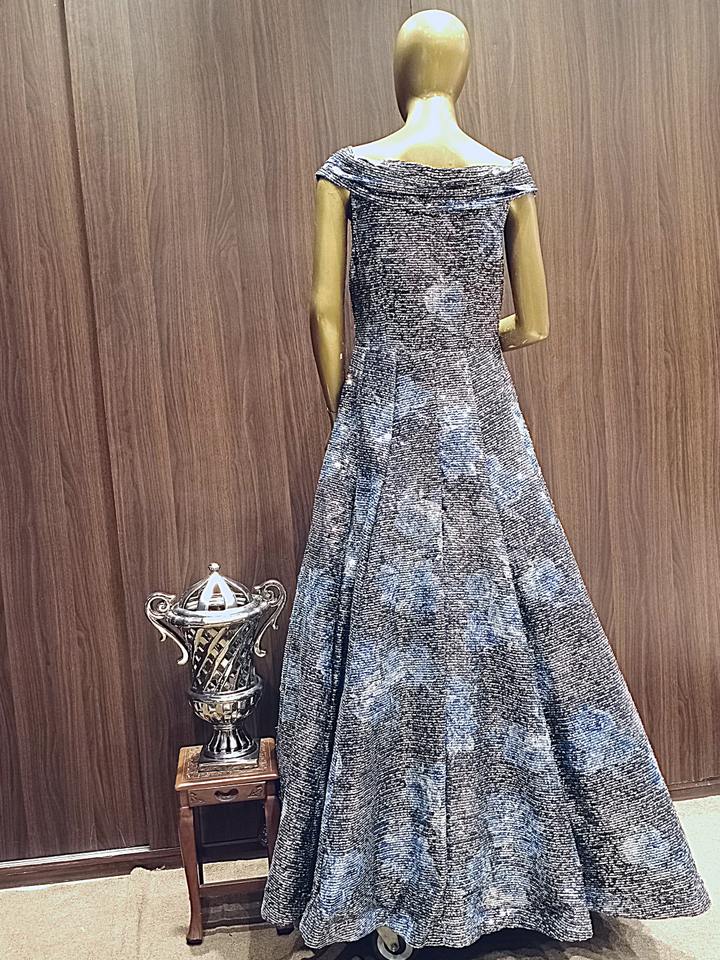 Grey Blue Digital Print Flared Lycra Gown with Floral Embroidery