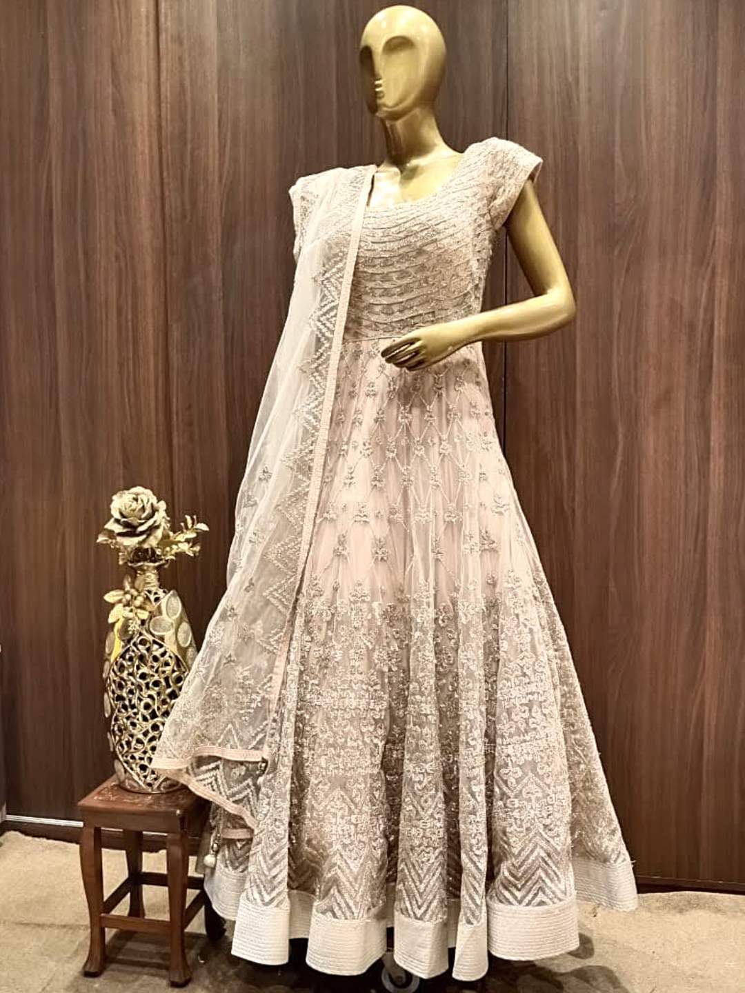 Beige Net Anarkali With Heavy Embroidery And Dupatta