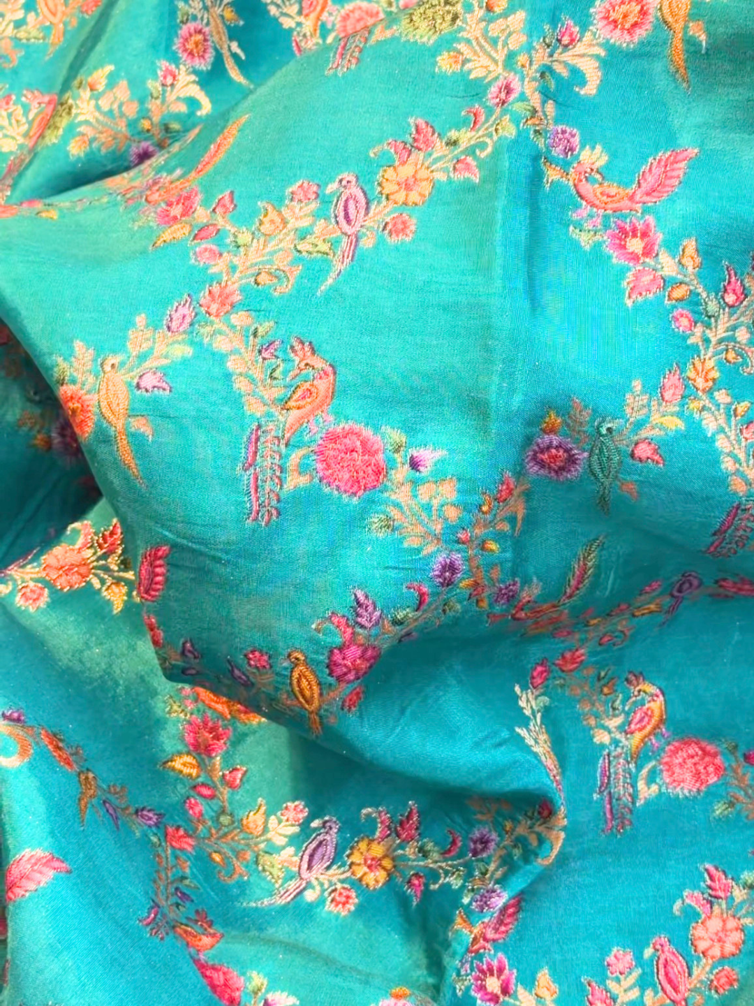 Teal Multicolor Thread Embroidered Paisley Saree with Mirror Work Border