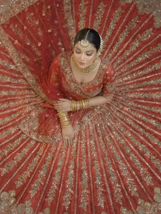 Zardozi Hand Embroidered Kalidar Bridal Lehenga with Mughal Motifs