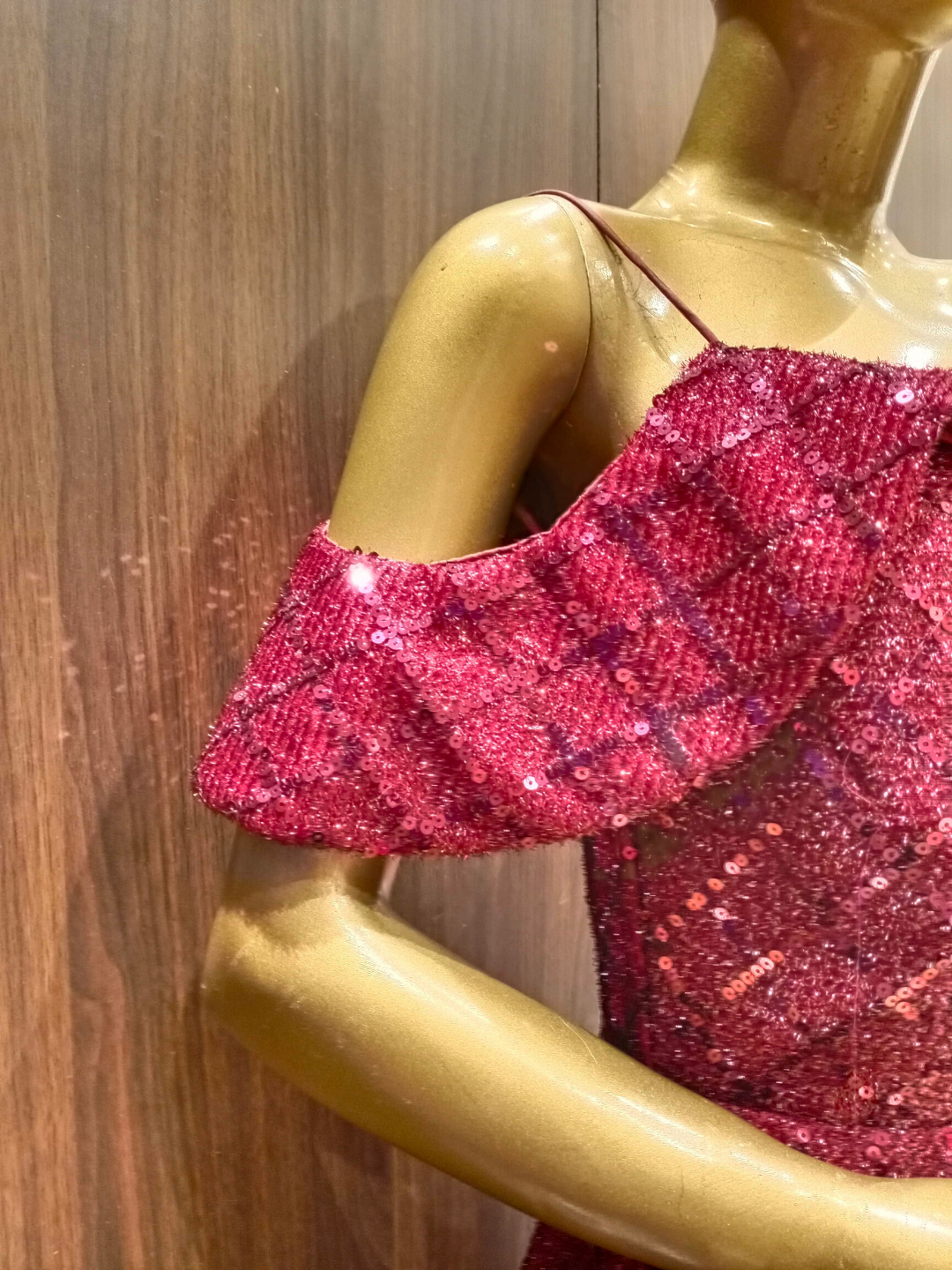 Maroon Flared Sequin Embellished Gown With Cold Shoulder Sleeves