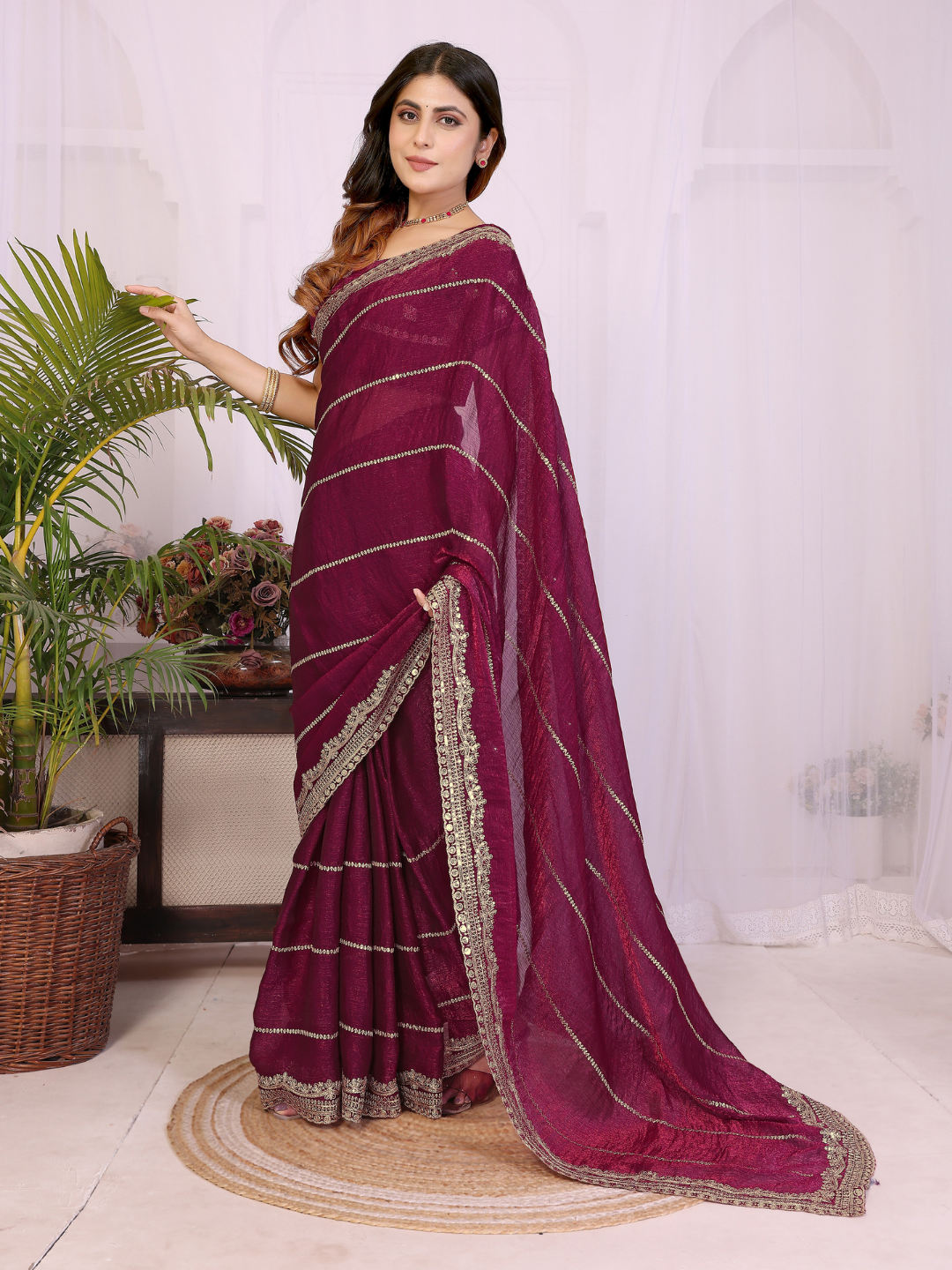 Wine Zari Striped Gota Patti Border Saree with Booti Blouse