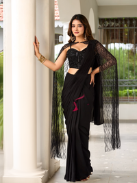 Black Sequins Embroidered Saree with Designer Blouse & Net Cape