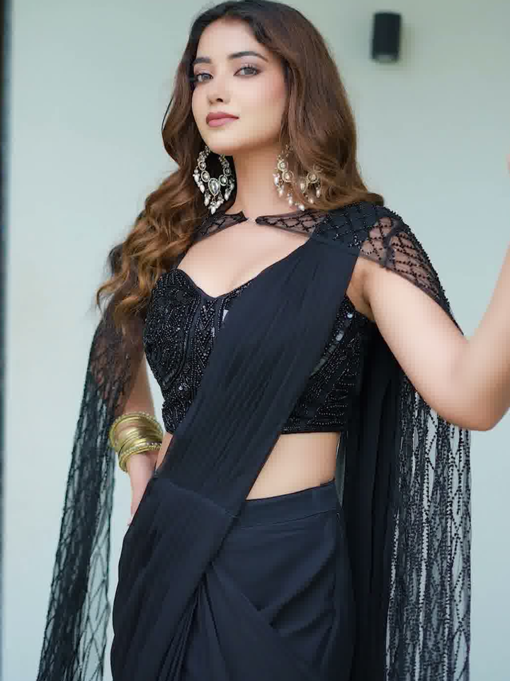 Black Sequins Embroidered Saree with Designer Blouse & Net Cape