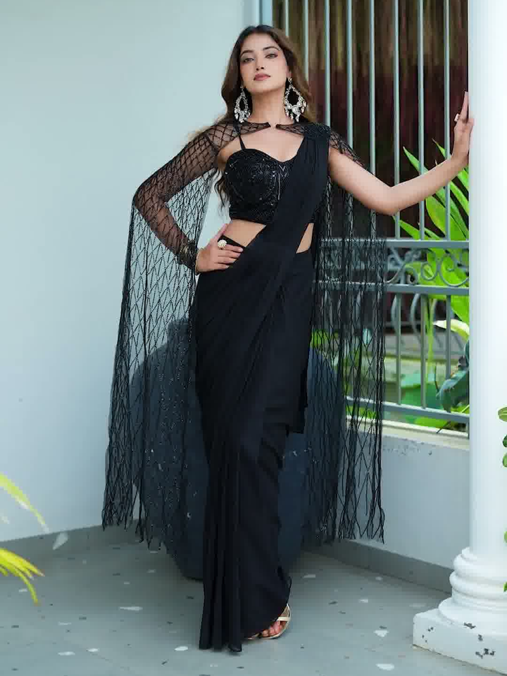 Black Sequins Embroidered Saree with Designer Blouse & Net Cape